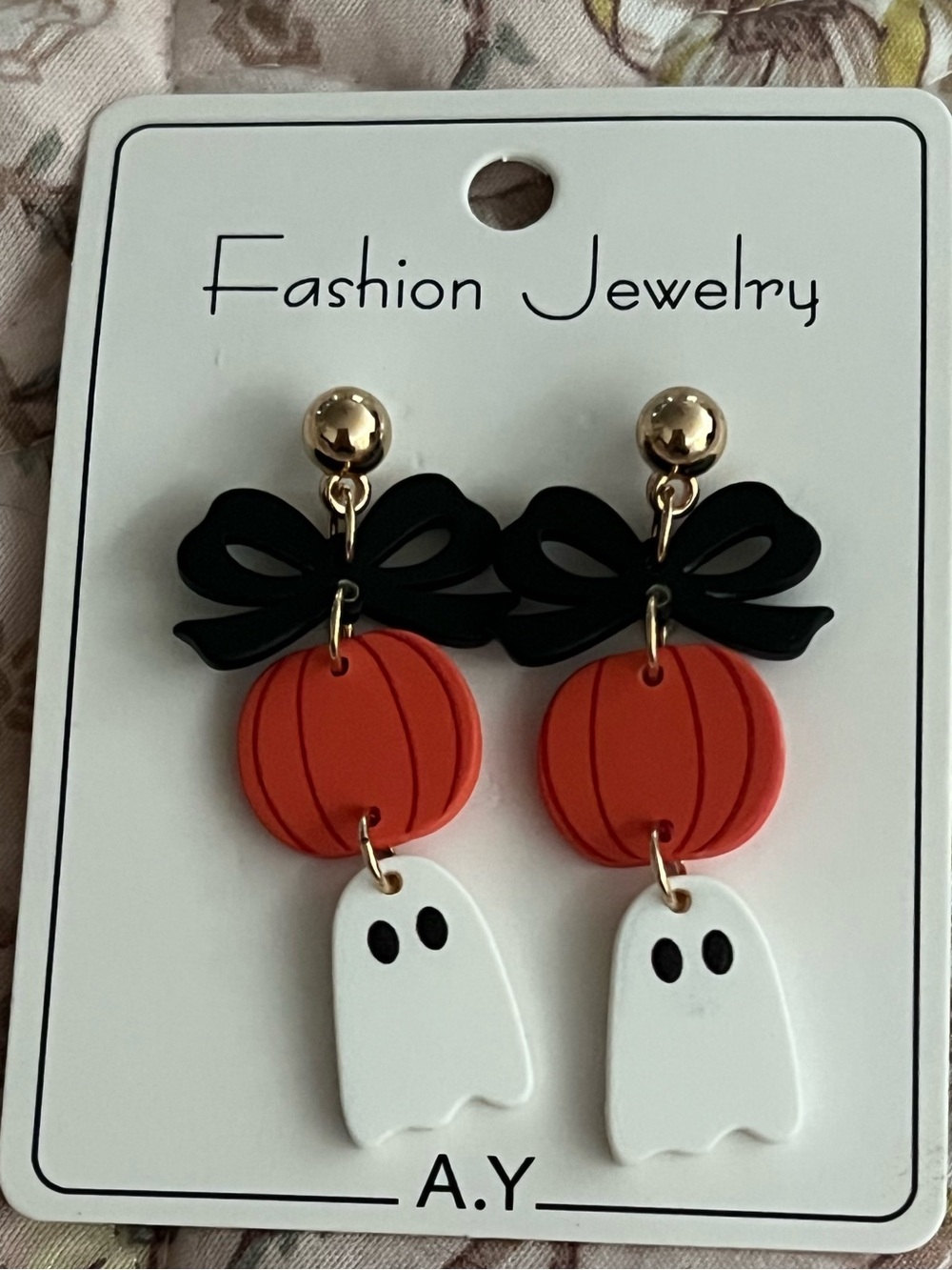 Halloween Pumpkin & Ghost Drop Earrings - Black, Orange, White